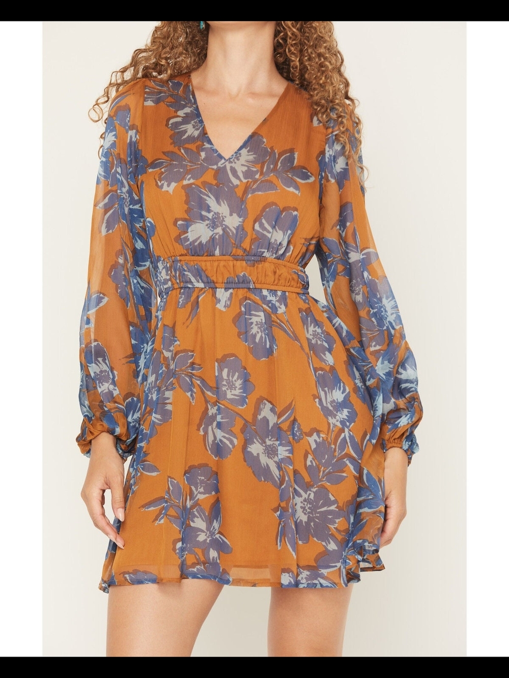 Shyanne Womens Small Floral Boho Mini Dress Long Sleeve V Neck Western Flowy